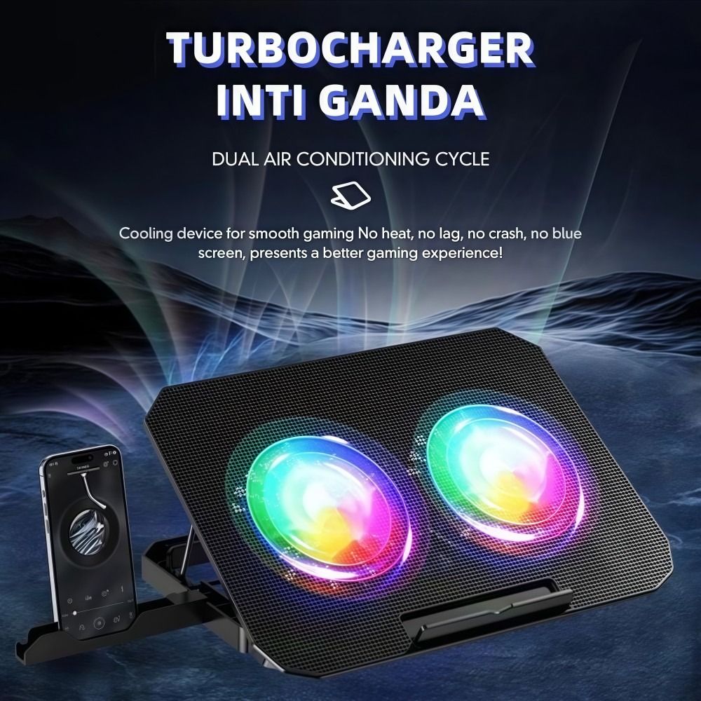 Laptop Accessories Cooling Pad - พัดลมระบายความร้อนแล็ปท็อปแบบสองพัดลม RGB พร้อมที่วางโทรศัพท์ แผ่นรองระบายความร้อนขนาดใหญ่ ปรับระดับได้ 7